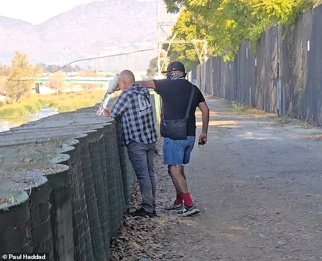 Paul Haddad, who filmed the incident, said another local resident confronted the man in the plaid shirt and used a water bottle to douse the flames