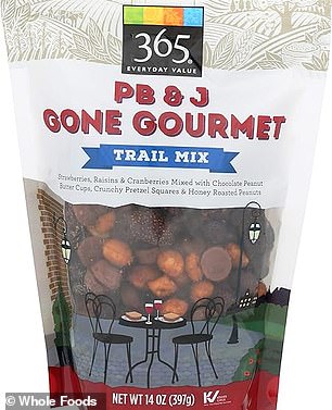 A pouch of Whole Foods peanut butter and jelly trail mix contains 42g of sugar per 100g