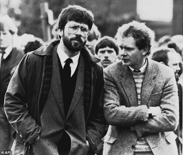 Sinn Fein leaders Gerry Adams and Martin McGuiness attend the funeral of Patrick Kelly, alleged East Tyrone IRA commander, in May 1987