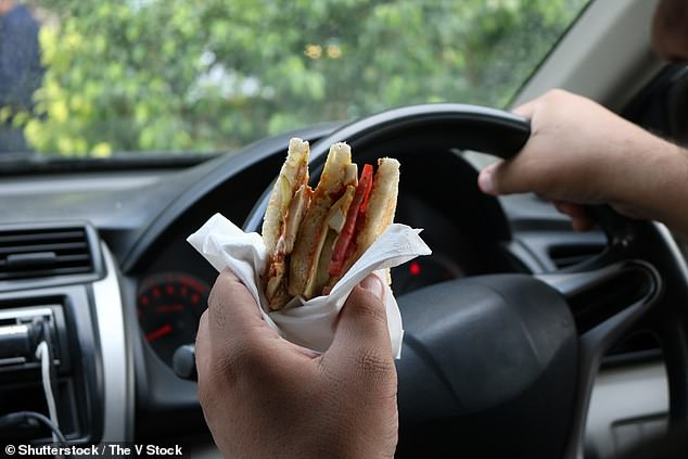 Dr. Shivram Singh, a health expert at the WINIT Clinic, warns that eating in the car is 'unhygienic' and can even increase the risk of food poisoning (stock image)