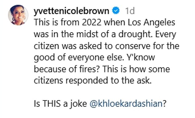 Brown shared a screenshot of a Rolling Stone article with the headline, “Kardashians Among LA's Worst Water Wastes,” and wrote, “This is from 2022, when Los Angeles was in the middle of a drought.