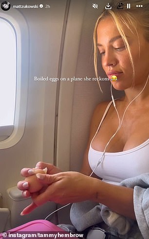 The fitness entrepreneur, 30, appeared in a short clip shared by her husband on social media on Wednesday, in which she ate a boiled egg during a flight.