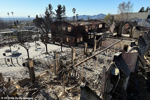 A camera view above a pole shows wildfire damage to Saint Marks Episcopal Church, which was wiped out by the Eaton fire