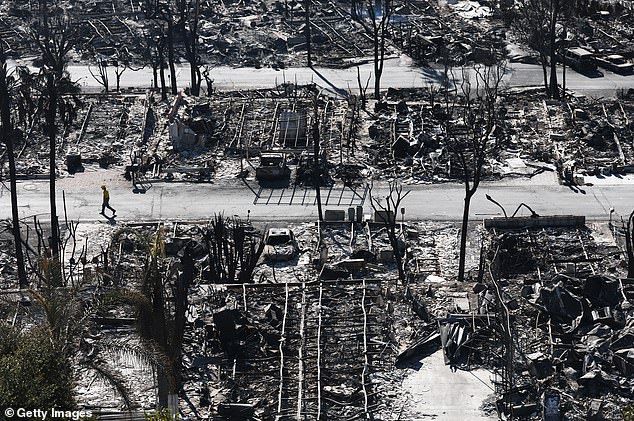 A firefighter walks past homes destroyed by the Palisades Fire