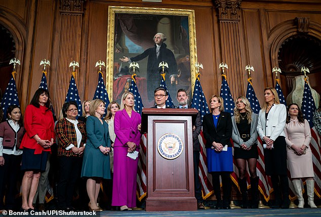 The U.S. House of Representatives passed its first bill during the 119th Congress on Tuesday, voting in favor of the Protection of Women and Girls in Sports Act. Pictured: House Speaker Mike Johnson speaks during a press conference after the House of Representatives passes a bill on transgender athletes at the U.S. Capitol in Washington, D.C.