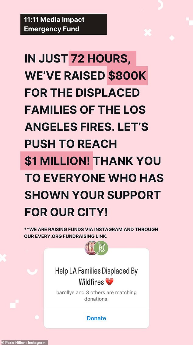 The 43-year-old hotel heiress posted an update via Instagram on Tuesday about the relief fund she and her nonprofit 11:11 Media Impact have set up to help displaced families and their pets