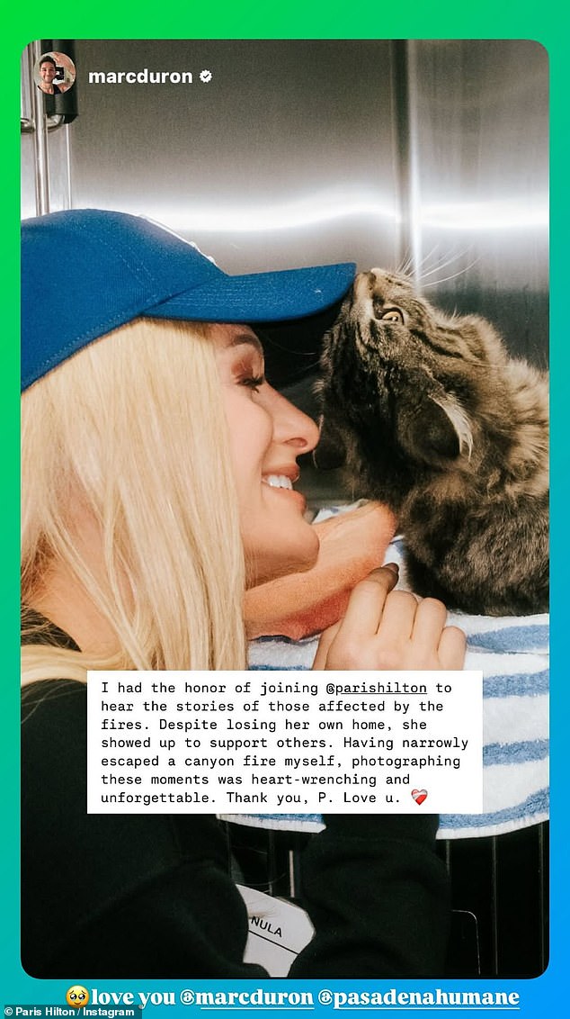 In addition to her financial support, Paris also helped the Pasadena Humane Society reunite a cat separated from its family by the Eaton Fire, which destroyed their home.