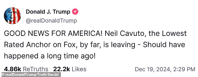 He praised the news of Cavuto leaving the network last month