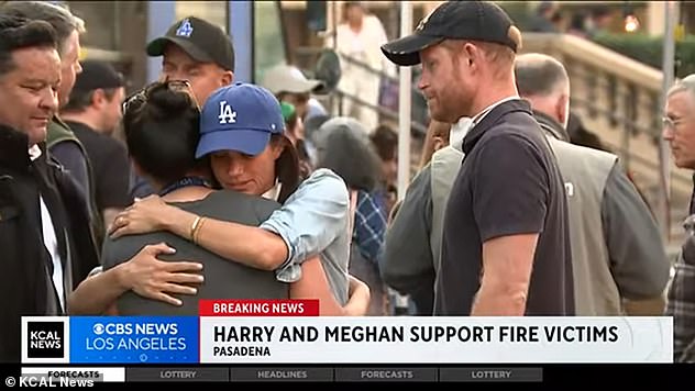 Meghan Markle was spotted comforting victims and first responders at an evacuation center on Friday, amid the ongoing fires in LA