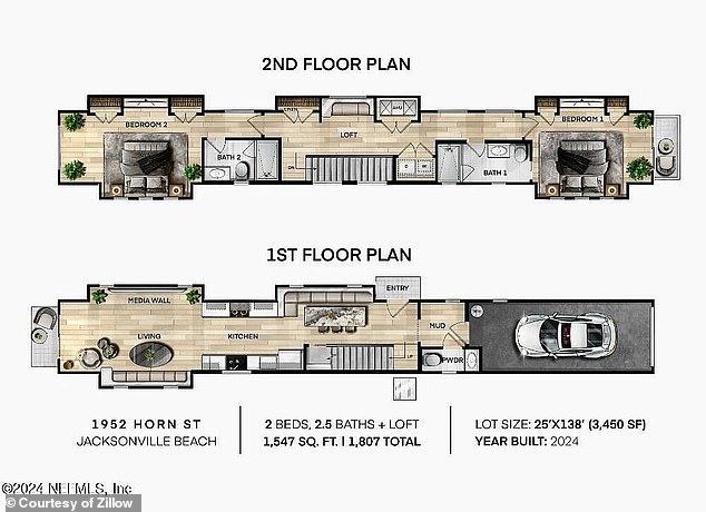 Floor plans reveal the open plan design, with the ground floor garage opening into an entrance hall with toilet room, followed by a dining room, kitchen and living room