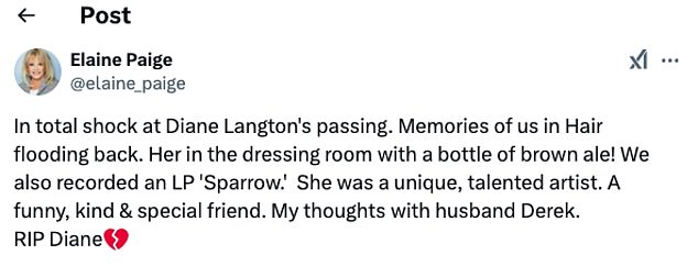 Actress Elaine Paige was among those to pay tribute to Diane on X today, having previously worked with her on stage