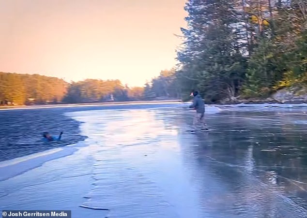 Documentary filmmaker Josh Gerritsen from Maine demonstrated how to safely get back to dry land if you are unlucky enough to dive into icy water