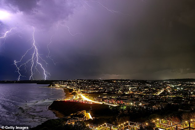 Lightning seen from Anzac Memorial Bridge on January 15, 2025 in Newcastle, Australia. The Bureau of Meteorology had warned that the storm