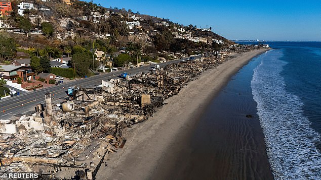 Nearly 100,000 of those were customers of Southern California energy company Edison in Ventura, Los Angeles, San Bernadino and Riverside counties. Pictured: Debris from burned properties as the Palisades fire continues in the Los Angeles area