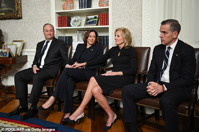 Second Gen. Doug Emhoff, Vice President Kamala Harris, First Lady Jill Biden and Hunter Biden listen in the Oval Office