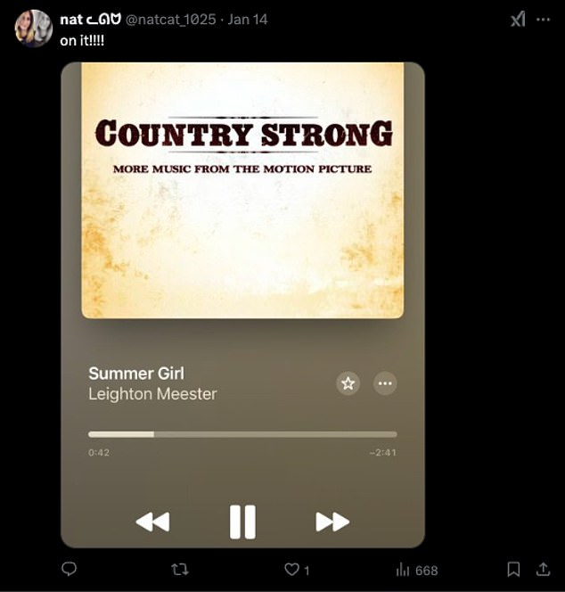 'Can I also introduce her music from Country Strong, it's a hit!' another added