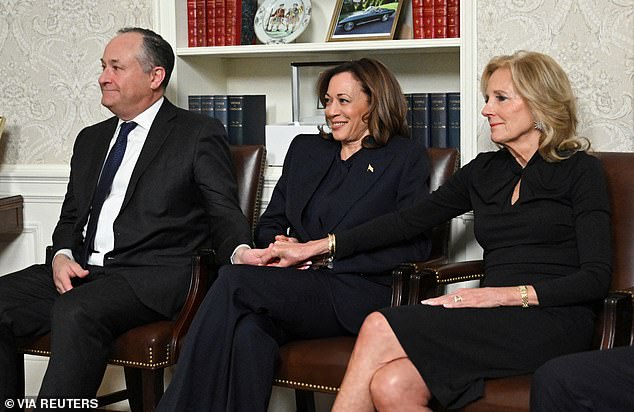 Second Gentleman Doug Emhoff, Vice President Kamala Harris and First Lady Jill Biden listen to President Joe Biden