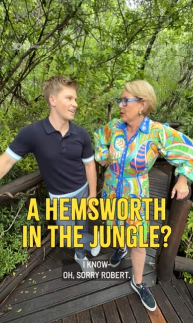 The clip featured presenters Julia Morris and Robert Irwin standing on a wooden bridge amid a tree-lined backdrop