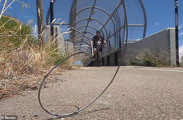 Mr Billings and his three friends, who were riding their bikes at 22mph, were thrown from their bikes and suffered minor injuries after crashing into the fence wire (pictured)