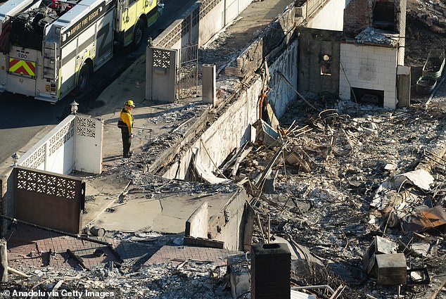 Burr denounced conspiracy theories that claimed a homeless person or arsonists set the fires, the largest of which are about 35 miles (56 kilometers) apart, or one to two hours by car, depending on the time of day; fire destruction pictured from Tuesday in LA