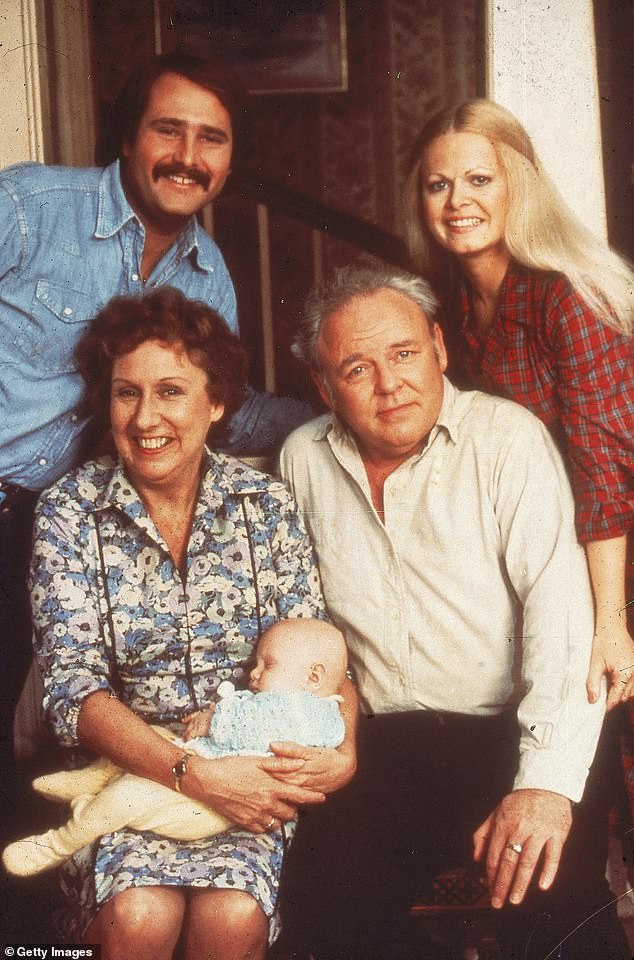 Struthers said on the Let's Talk About That podcast on Monday: 'So I grabbed a cookie and she said in front of everyone: "Oh, I wouldn't do that if I were you, honey, you don't need a cookie.' - pictured on All In The Family in 1976 with Carroll O'Connor, Jean Stapleton and Rob Reiner)