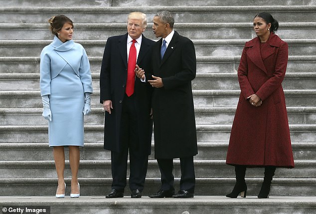 Melania's apparent snipe at the Obamas comes as it was revealed that Michelle has chosen to skip Trump's inauguration because she refuses to be 'fake' about her loyalties - a stark contrast to her husband's recent attempts to 'unite'. The Trumps and Obamas are pictured on the steps of the US Capitol at Trump's first inauguration