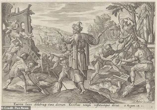 A 1585 image of King Hezekiah destroying the pagan places of worship