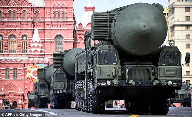 Russian Yars intercontinental ballistic missile launchers roll on Red Square during the Victory Day military parade in central Moscow on May 9, 2024