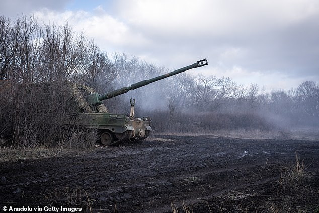 A view of a Polish-donated Krab mobile howitzer for the Ukrainian Army towards Chasiv Yar, Ukraine on January 9