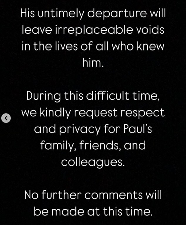 Paul's death was announced in a statement from his management