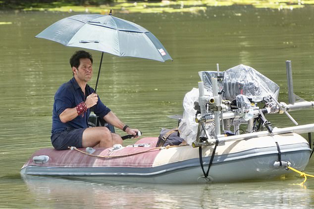 The dinghy had camera equipment attached to the bow with a speed rail