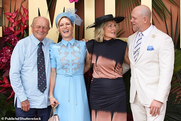 Billionaire Harvey Norman (left) called for a government investigation into Temu and Shein. He is pictured with Zara Tindall (second from left), his wife Katie Page and Mike Tindall (right) at the Magic Millions last week