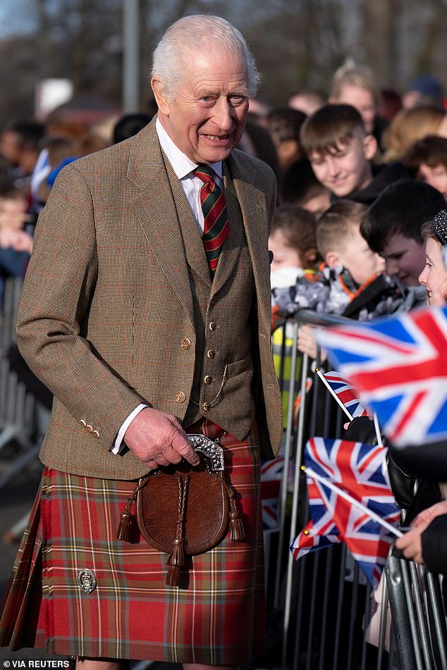 The monarch looked very dapper in his kilt during his trip to Alloa, Clackmannanshire, on Thursday