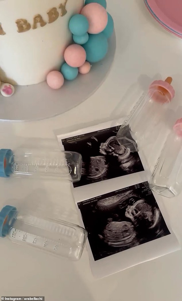 The clip featured sweet details from her gender reveal party, including pink and blue decorations, a white cake with the caption 