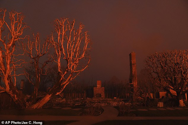 The ruins of a burned building in the Pacific Palisades neighborhood of Los Angeles, in the aftermath of the Palisades Fire, Thursday, January 9, 2025