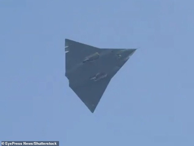 America unveiled the new bomber just weeks after the Chinese military unveiled two new fighter jets of its own. Pictured is an image widely circulated online in December showing what could have been the maiden flight of China's sixth-generation fighter jet