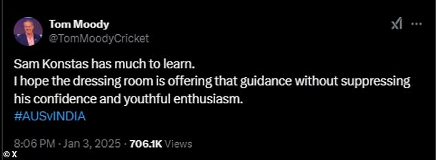 Former Australian all-rounder Tom Moody believes Sam Konstas has 'a lot to learn' after his combative attitude against India on day one of the fifth Test in Sydney