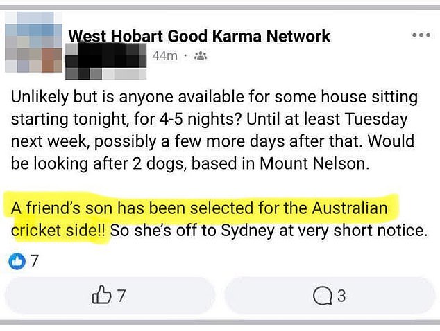 Pictured: The Facebook post asking if someone could come and sit in Mount Nelson and care for the family's two dogs