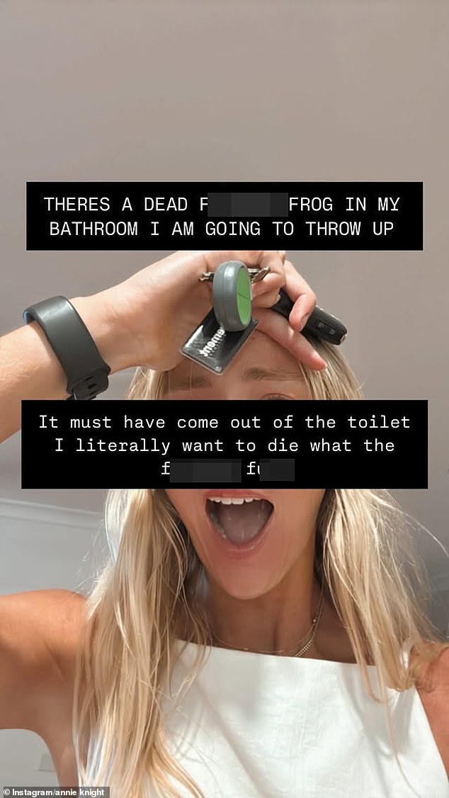 The adult model, who has been dubbed 'Australia's most sexually active woman', shared a post on Instagram Stories on Saturday revealing she had found a dead frog in her toilet.