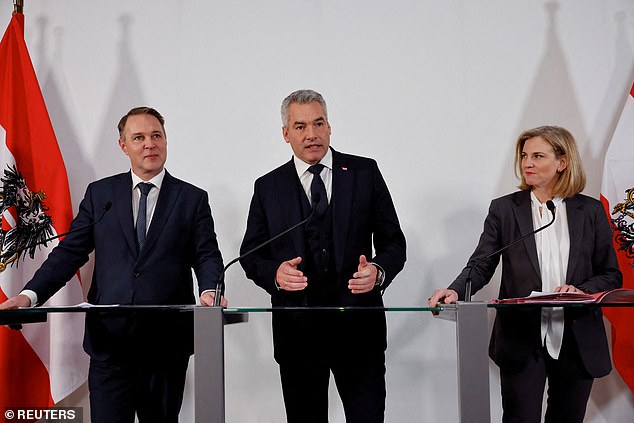 Austrian Chancellor and head of the People's Party (OeVP) Karl Nehammer and the chairman of the Social Democrats Andreas Babler and head of the NEOS party Beate Meinl-Reisinger give a press statement after coalition talks in Vienna, Austria, December 17, 2024