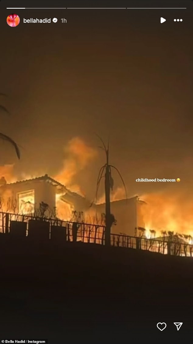 The Vogue cover girl posted on her Instagram Stories a photo of her mother Yolanda's iconic former Malibu mansion going up in flames