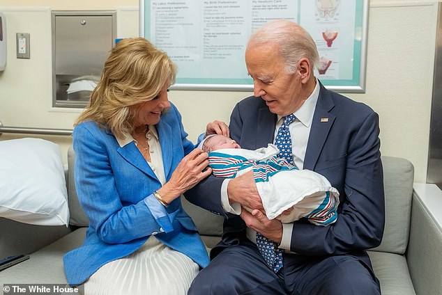 First lady Jill Biden (left) and President Joe Biden (right) welcomed their first great-grandchild on Wednesday: William Brannon Neal, IV (center) – the son of Naomi Biden and her husband Peter Neal