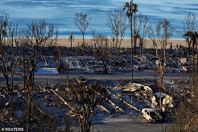 More than 120,000 customers were without electricity in the Los Angeles metropolitan area Wednesday afternoon. Pictured: Charred remains of a beachside trailer park are pictured after the Palisades Fire in Los Angeles, California