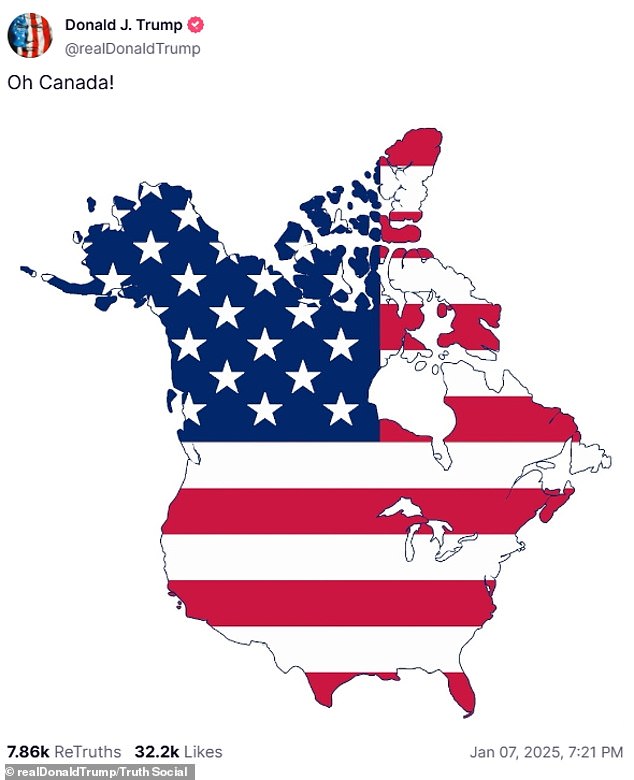 He posted an image of the American flag pattern on a map of both Canada and the US on Wednesday