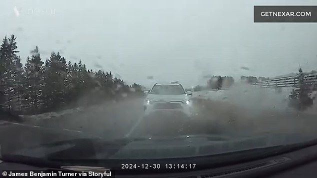 However, dashcam footage shows the unidentified man driving away, crashing his car into oncoming traffic and repeatedly crashing into the victim.