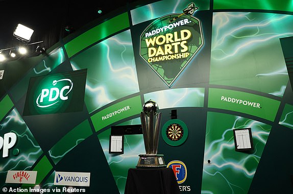 Darts - PDC World Darts Championship 2025 - Alexandra Palace, London, Great Britain - January 1, 2025 The PDC World Darts Championship trophy is on display before the start of the match Action footage via Reuters/Andrew Boyers