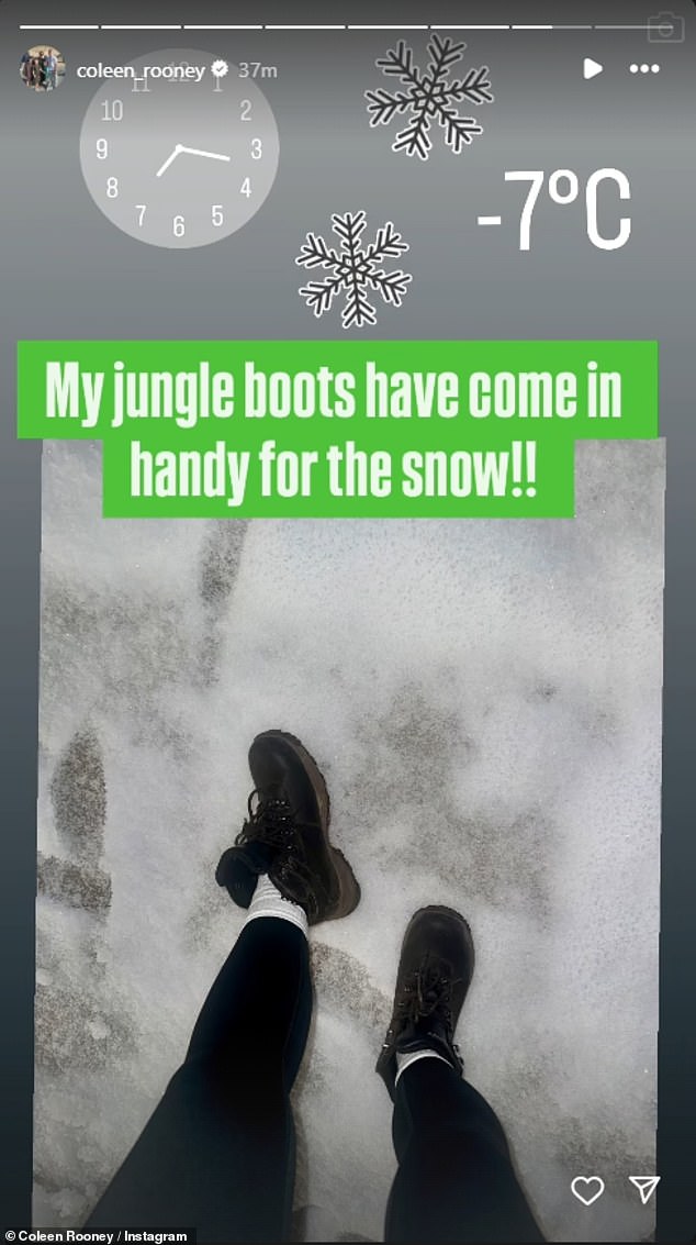 Ahead of her outing, she revealed on her Instagram Stories that the boots she wore during her gym session were from her time in the jungle as she prepared to go outside in temperatures of minus 7 degrees Celsius.