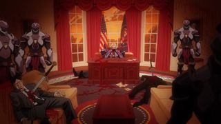 Princess Ilana of Pokolistan sits in the US President's office at the White House in Creature Commandos episode 4