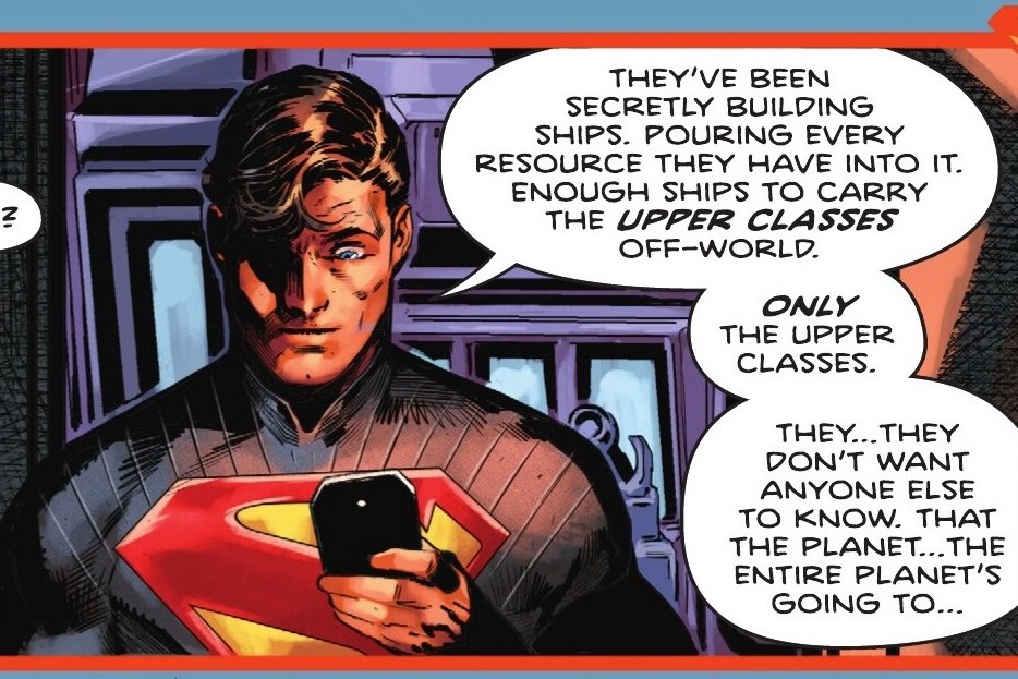 Superman's father looks at his Kryptonian iPhone in shock when he discovers that the upper classes of society have been secretly building ships so that only they can escape the planet's destruction. “Only the upper classes. They... they don't want anyone else to know. That the planet… the whole planet is going…” in Absolute Superman #3.