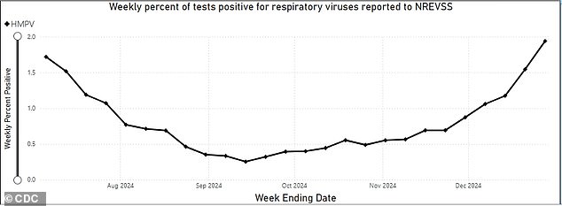 The CDC chart above shows an increase in the number of positive HMPV tests by the end of December 2024